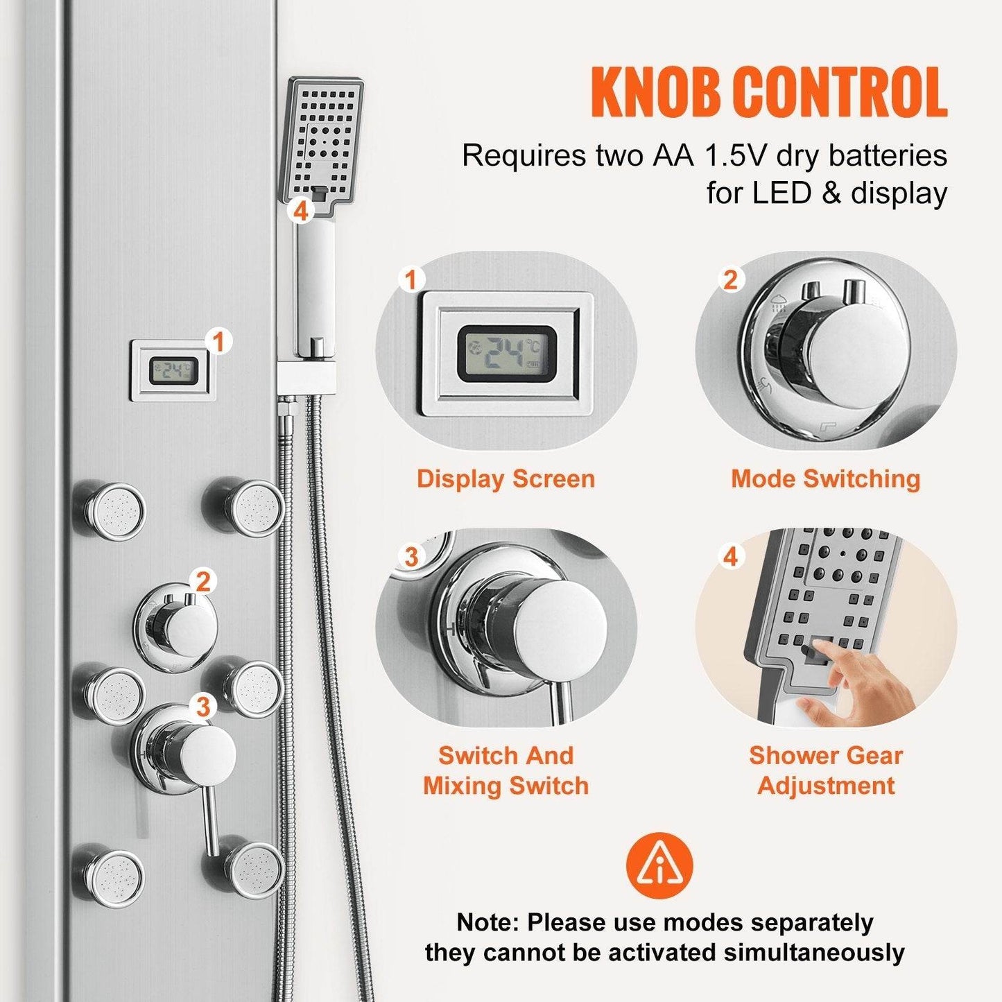 Shower Panel System, 5 Shower Modes, Digital Display Shower Panel Tower, Rainfall, 8 Massage Jets, Tub Spout, 3-Setting Handheld Shower Head 59 Hose, Stainless Steel Wall-Mounted Shower Set