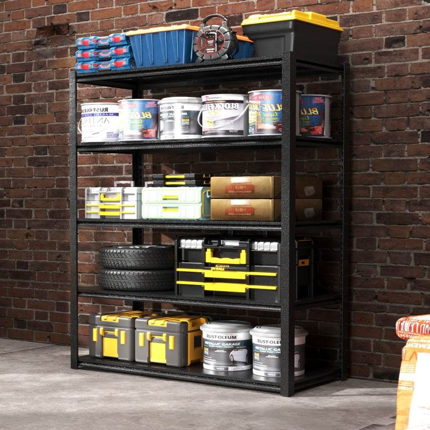 Étagères métalliques à plusieurs niveaux pour le rangement, étagères de garage, 907 kg, étagères de rangement robustes, étagères de garage réglables, unité d'étagères industrielles, support utilitaire de rangement, noir