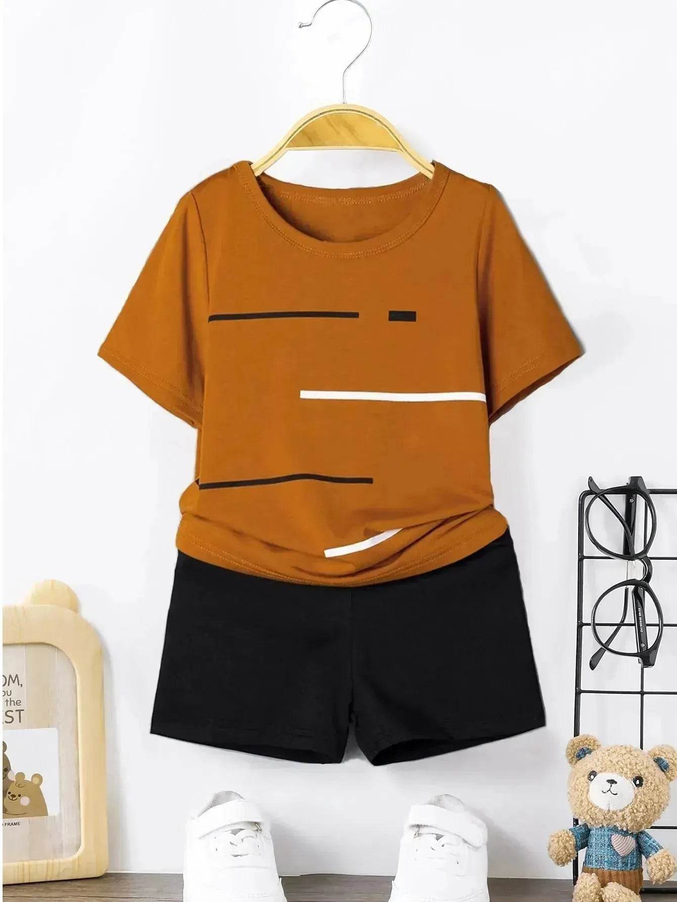 Striped Printed Round Neck Pullover T-shirt Shorts Suit