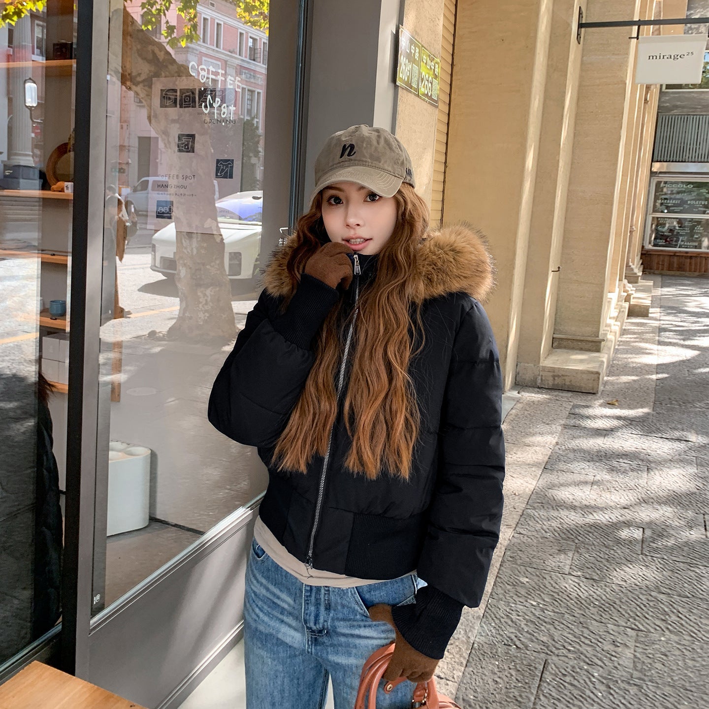 Women's Thickened Fleece-Lined Slim-Fit Cotton Coat with Detachable Faux Fur Collar