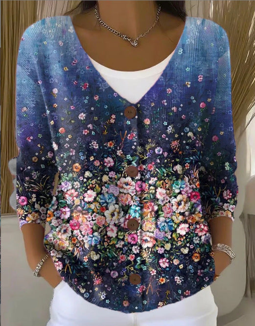 Women’s Printed Knit Cardigan Sweater with Buttons – Casual Long-Sleeve Patterned Pullover