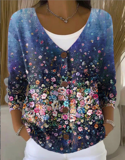 Women’s Printed Knit Cardigan Sweater with Buttons – Casual Long-Sleeve Patterned Pullover