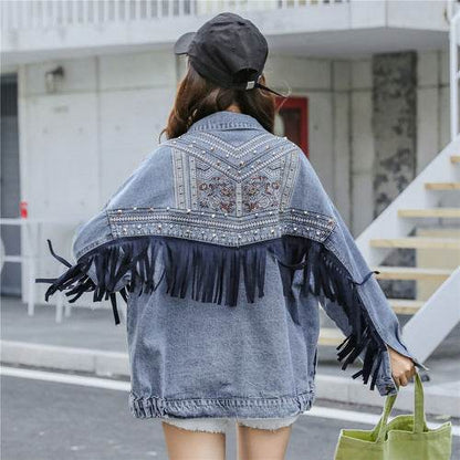 Elegant women Oversized Embroidered Tassel Fringe Denim Jacket