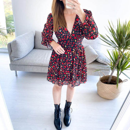 Spring Summer V-neck Long sleeve Floral Mini dress