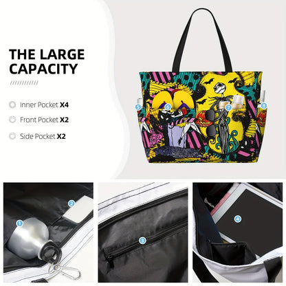 UME Disney Nightmare Before Christmas Jack & Sally Tote Bag - Large Capacity, Durable Polyester Shoulder Bag for Travel, Work, Shopping - Perfect Halloween & Christmas Gift