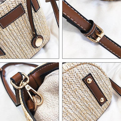 Women's bag hand-woven contrast color bucket straw bag cylinder handbag diagonal shoulder beach bag