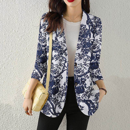 Women's Button Printed Long-sleeved Pocket Vintage Cotton And Linen jacket Blazer
