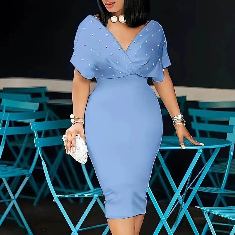 Women's Back Zipper dress Elegant Deep V Neck Wrap Bodycon Dress Pencil Midi Dress