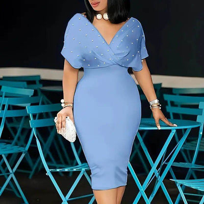 Women's Back Zipper dress Elegant Deep V Neck Wrap Bodycon Dress Pencil Midi Dress
