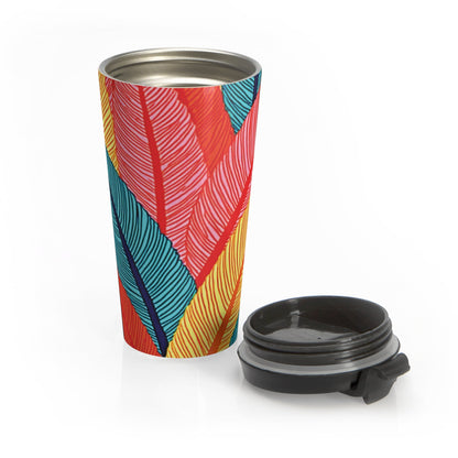 Mug de Voyage Isotherme en Acier Inoxydable Tropical Feather — Motif Feuilles Colorées, Gobelet Isotherme pour Café