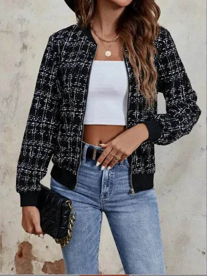 Veste décontractée d'extérieur pour femme, à manches longues, à carreaux, pied-de-poule et fermeture éclair, collection automne-hiver