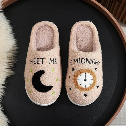 Chaussons d'intérieur imprimés lune et horloge, pantoufles chaudes d'hiver pour chambre à coucher pour femmes