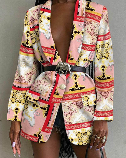 Fashion Printed Shawl Collar Single-breasted Belt Vintage Blazer Women