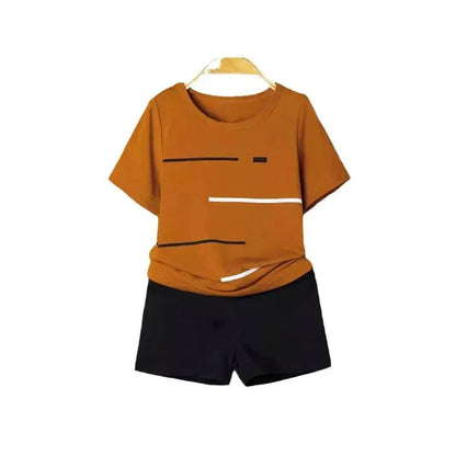 Striped Printed Round Neck Pullover T-shirt Shorts Suit