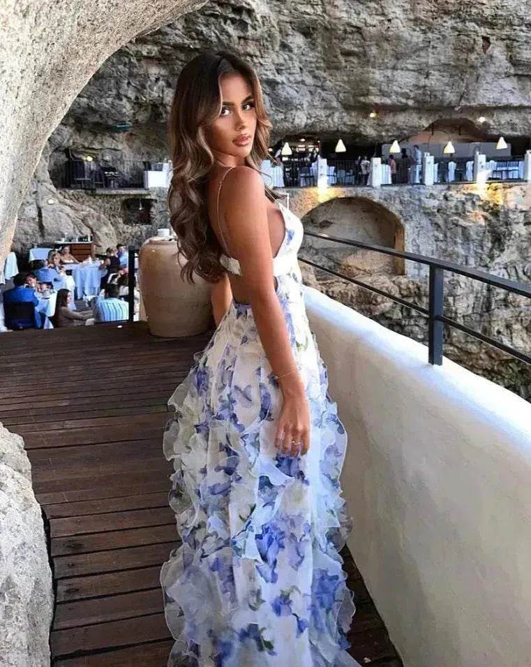 New Women's Spring And Summer Dew Fairy Sleeveless Backless Floral Long Dress