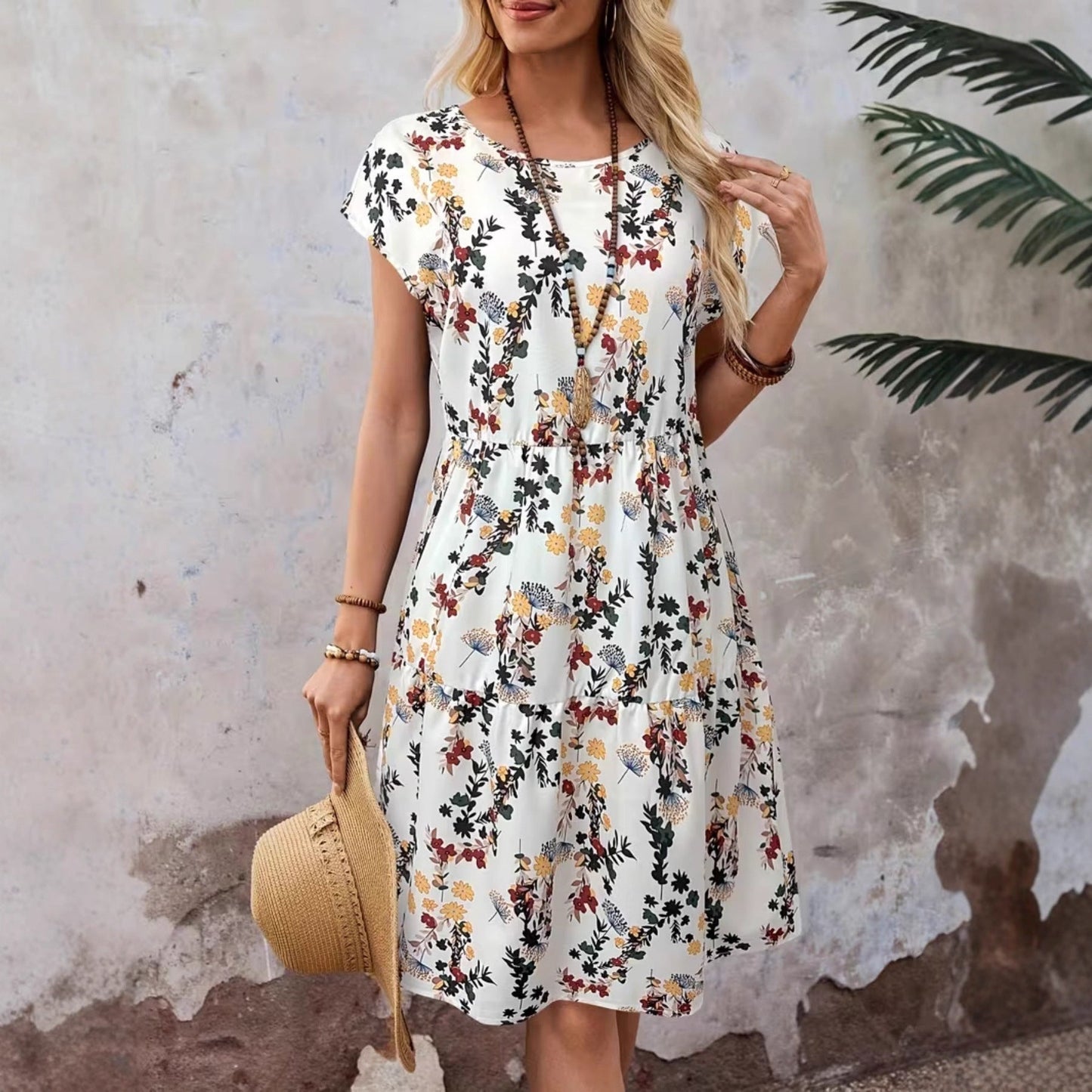 Women's Floral Print Casual Short-Sleeve Crew-Neck Dress – Japanese/Korean Casual Style