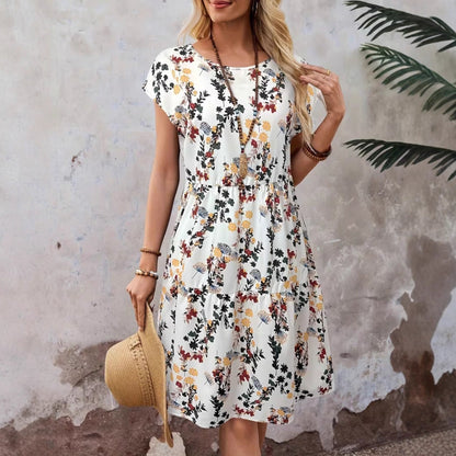 Women's Floral Print Casual Short-Sleeve Crew-Neck Dress – Japanese/Korean Casual Style