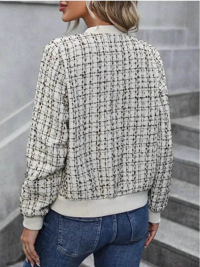 Veste décontractée d'extérieur pour femme, à manches longues, à carreaux, pied-de-poule et fermeture éclair, collection automne-hiver