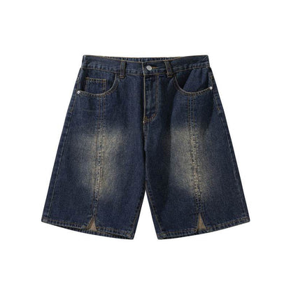 American-style Retro Washed Split Design Denim Shorts For Men Jeans