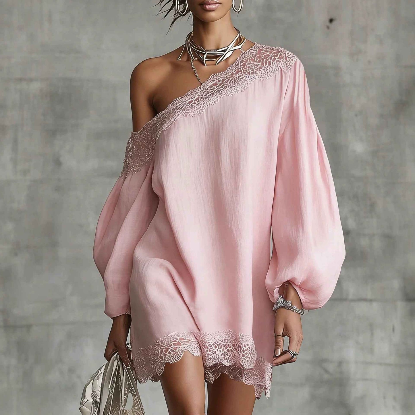 Women's Off-Shoulder Long Sleeve Mini Dress | Lace Trim Dress