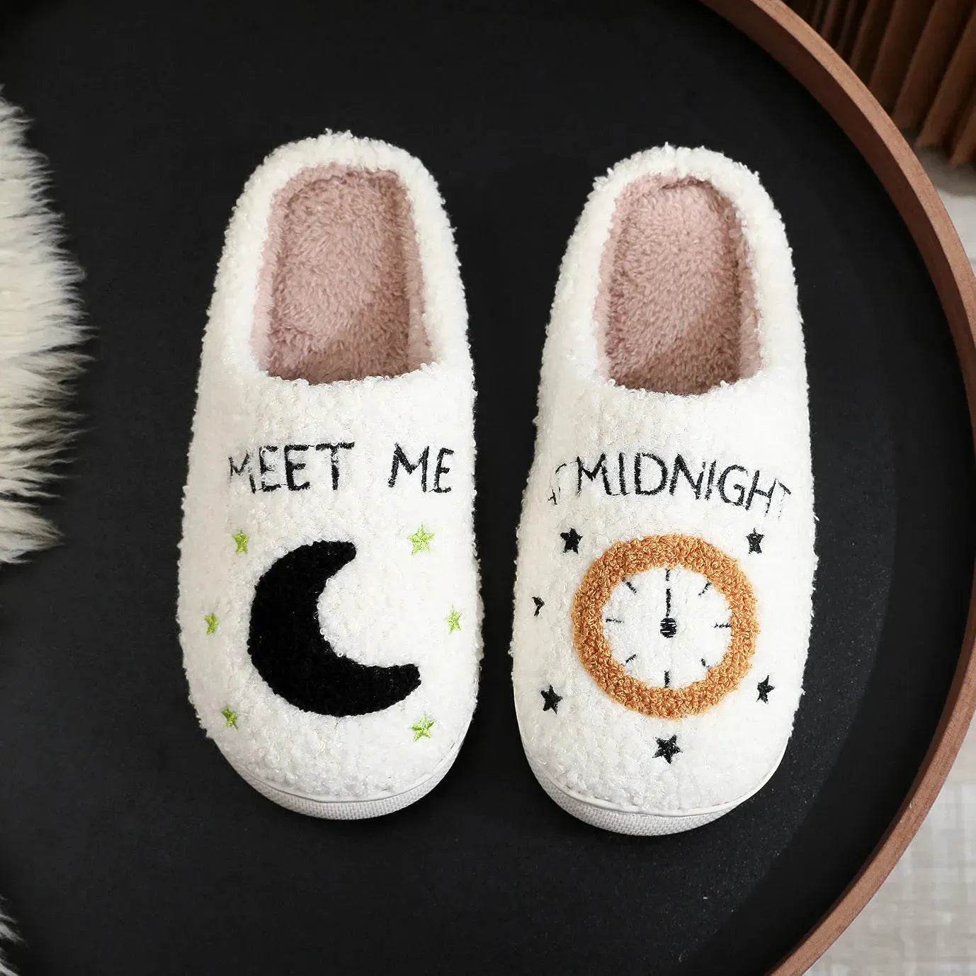 Chaussons d'intérieur imprimés lune et horloge, pantoufles chaudes d'hiver pour chambre à coucher pour femmes