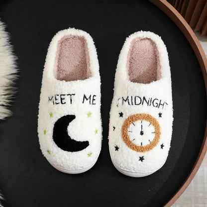 Chaussons d'intérieur imprimés lune et horloge, pantoufles chaudes d'hiver pour chambre à coucher pour femmes