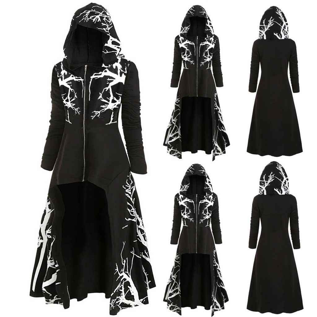 Gothic Halloween Cape Jacket for Women – Printed Long Sleeve Zip-Up Costume Coat