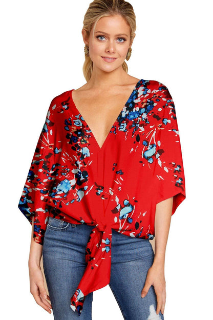 Nouvelle Blouse Col V Femme Imprimé Léopard Floral Noué Devant Chauve-souris Été Surtailles Blouses Dames