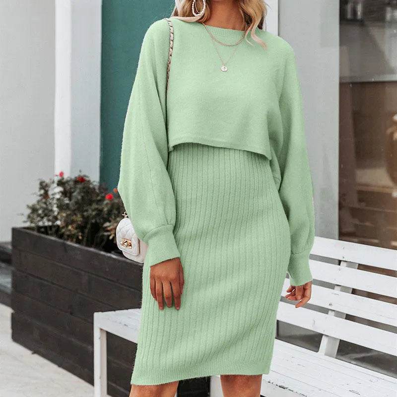 Women 2pcs Winter Outfit Cashmere dress Cropped Pullover top