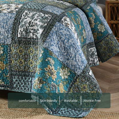 Reversible Cotton Quilt Bedspread Set – Vintage Floral Patchwork 3-Piece All-Season Bedding