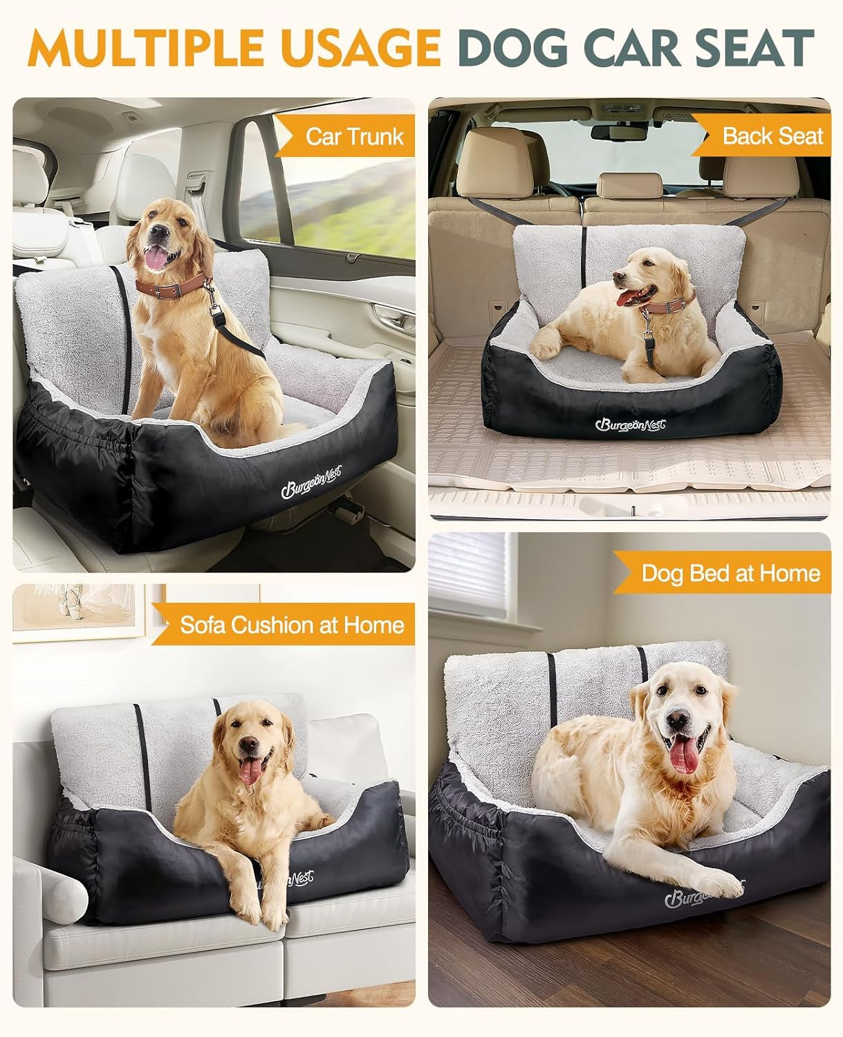 Dog Car Seat for Medium/Large Dogs under 55 Lbs, Soft Pet Car Travel Home Bed, Fully Detachable and Washable Booster Carseats with Storage Pockets and Clip-On Leash Portable Carrier,Black