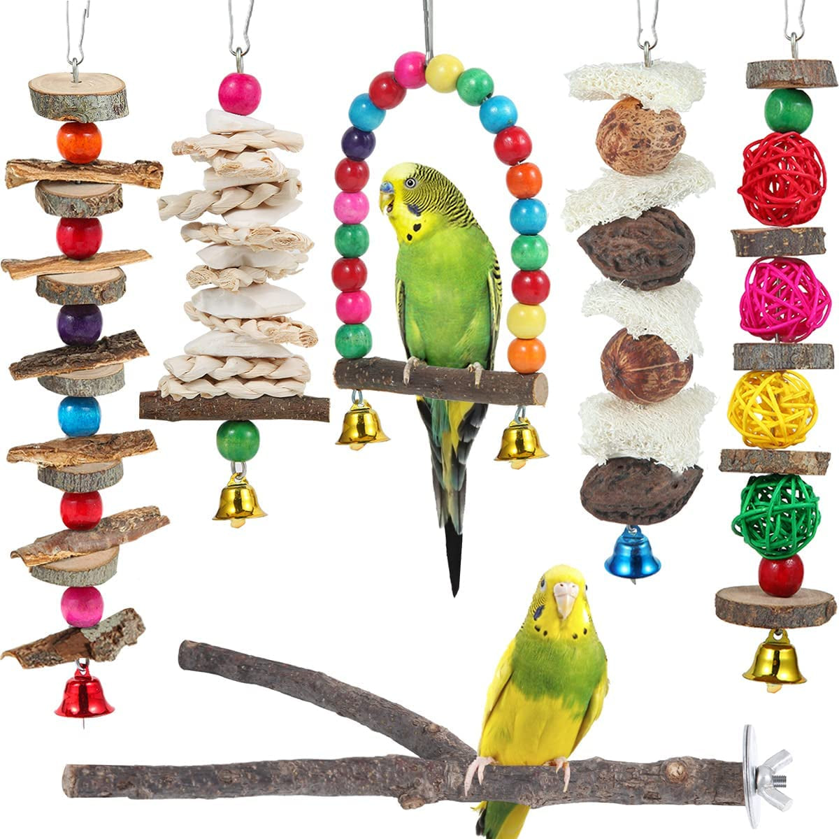 Jouets pour oiseaux, perchoir et jouets à mâcher en bois pour perruches, calopsittes, conures, inséparables, touïs, perruches ondulées, pinsons et autres oiseaux de petite et moyenne taille