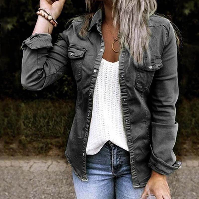 Fitted Denim Jacket Mid Length European American Style