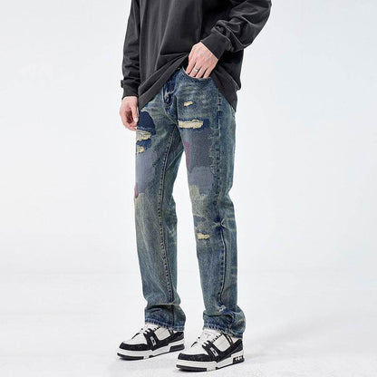 American Style Loose Broken Patch Straight Retro Denim Jeans pant Trousers Men