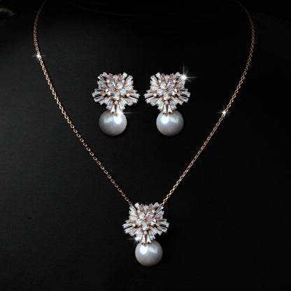 Luxury high-grade bridal pearl necklace earrings set with zircon