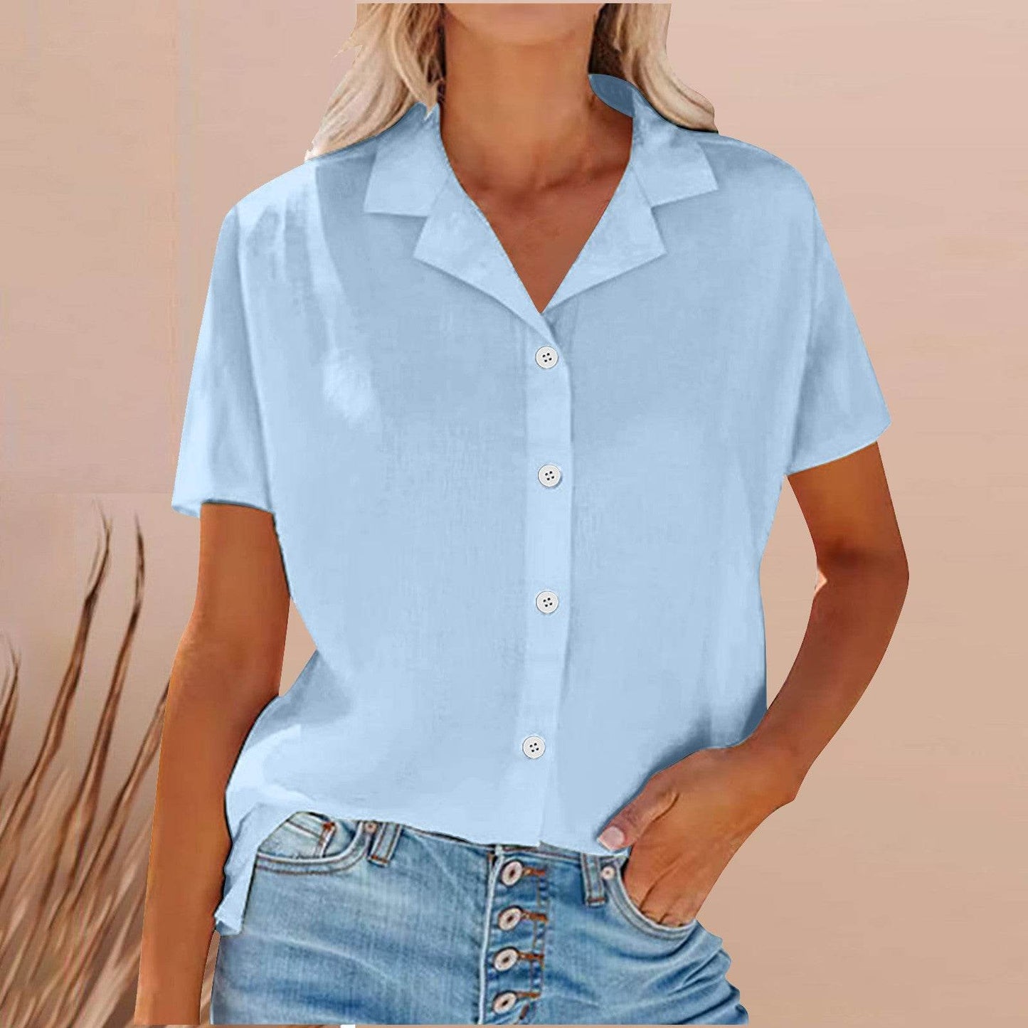 Spring Summer Lapel Cotton And Linen Casual short sleeve Shirt For Women