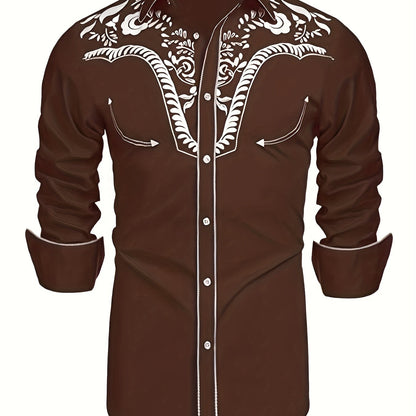 Western Cowboy Chic Long Sleeve Embroidered Shirt - Soft Cotton Blend, Elegant Design, Casual Style for Spring Fall Vacation Resort Wear - Men's Shirt for Outdoor Activities, Travel, and Leisure