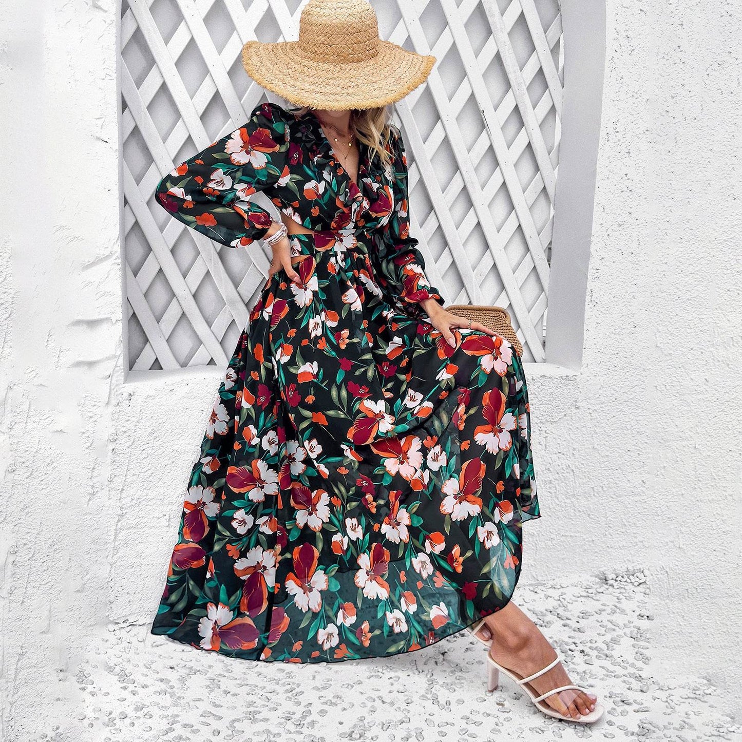 Robe longue imprimée florale à manches longues, décontractée pour les vacances, coupe ajustée, col en V, vêtements pour femmes