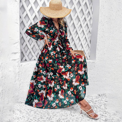 Robe longue imprimée florale à manches longues, décontractée pour les vacances, coupe ajustée, col en V, vêtements pour femmes