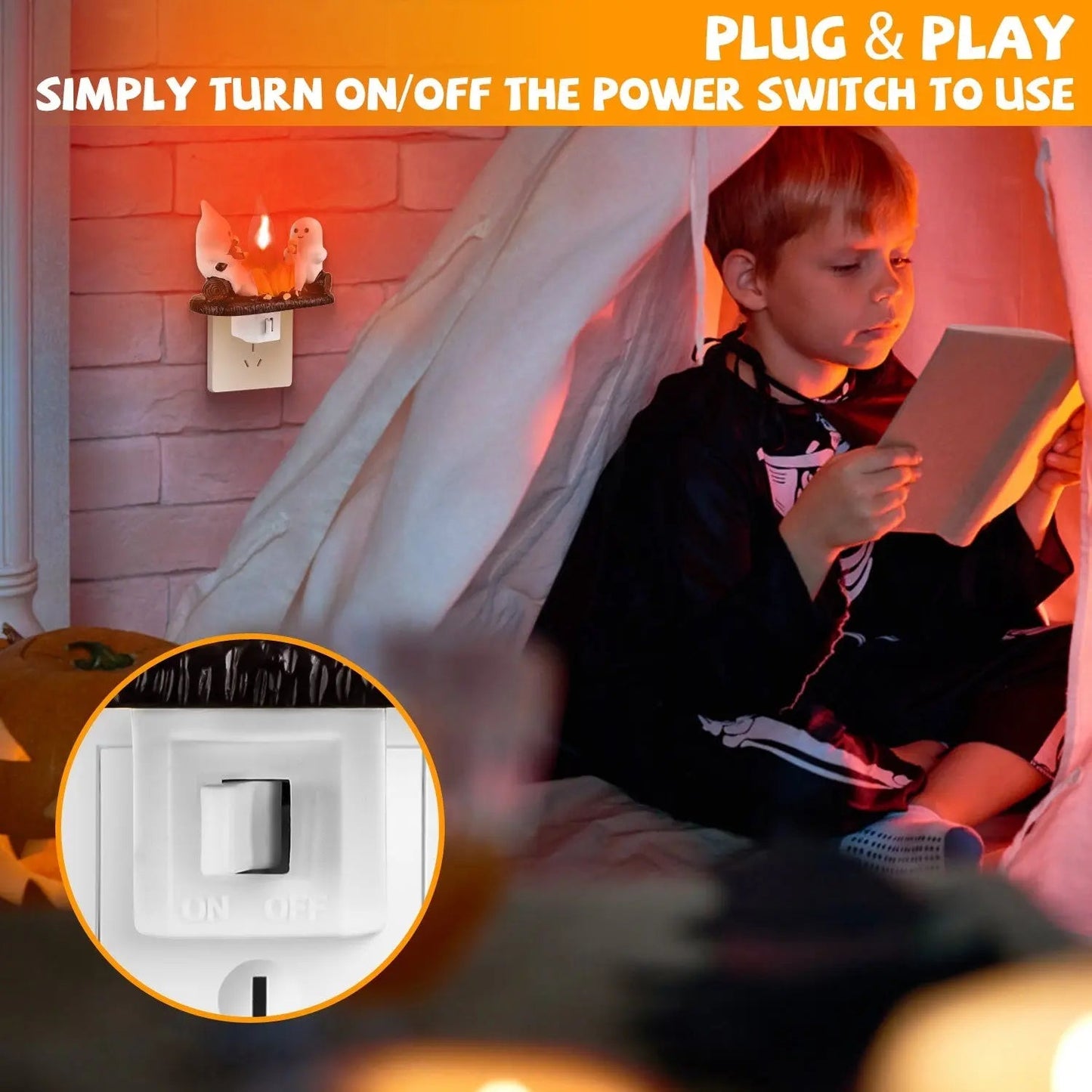 2Pcs Ghost Campfire Flickering Flame Night Light Indoor 3D Funny Halloween Nightlight Decoration Bedroom Night Light Halloween Decoration Gift For Friend Family