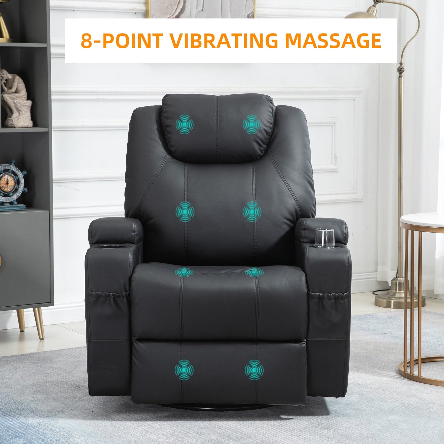 Brady Massage Recliner Chair with Swivel, Rocker Features and  8 Vibration Points-Black