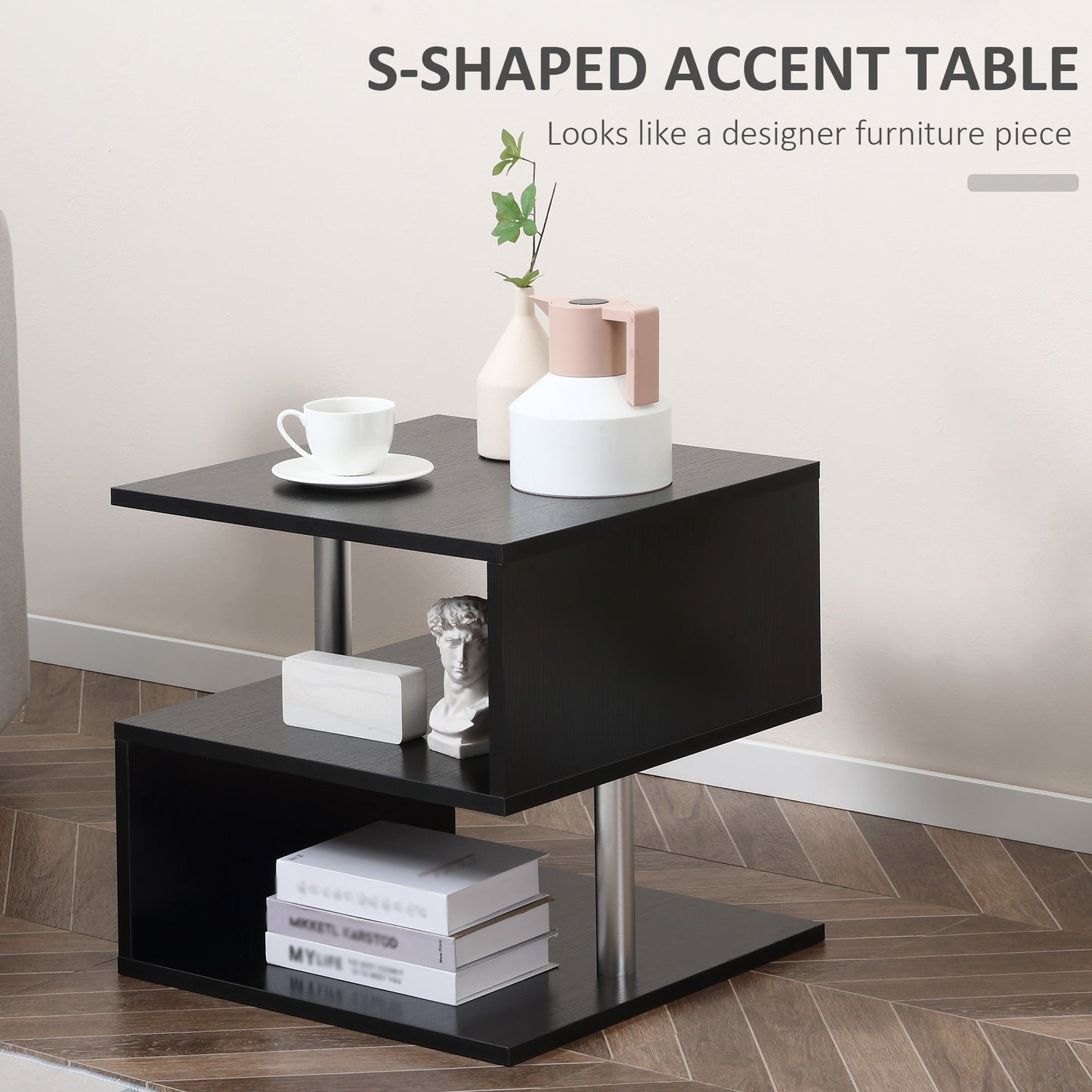 Caelan Wooden S Shape End Table with 3 Tier Storage Shelves-Black