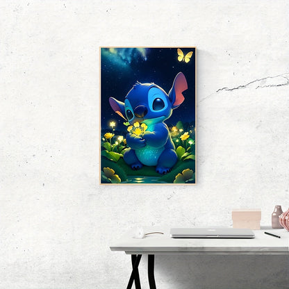 [Autorisé] Peinture diamant 5D Disney à faire soi-même, kit Lilo & Stitch de points et de fleurs lumineuses par numéro pour adultes, kit de peinture diamant rond complet, artisanat de peinture, décoration murale pour la maison