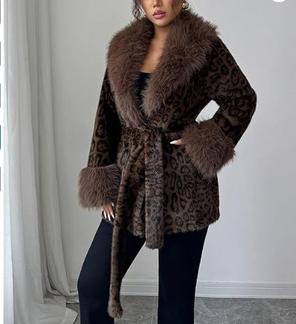 Faux Fur Leopard-Print Mink-Style Padded Long Coat