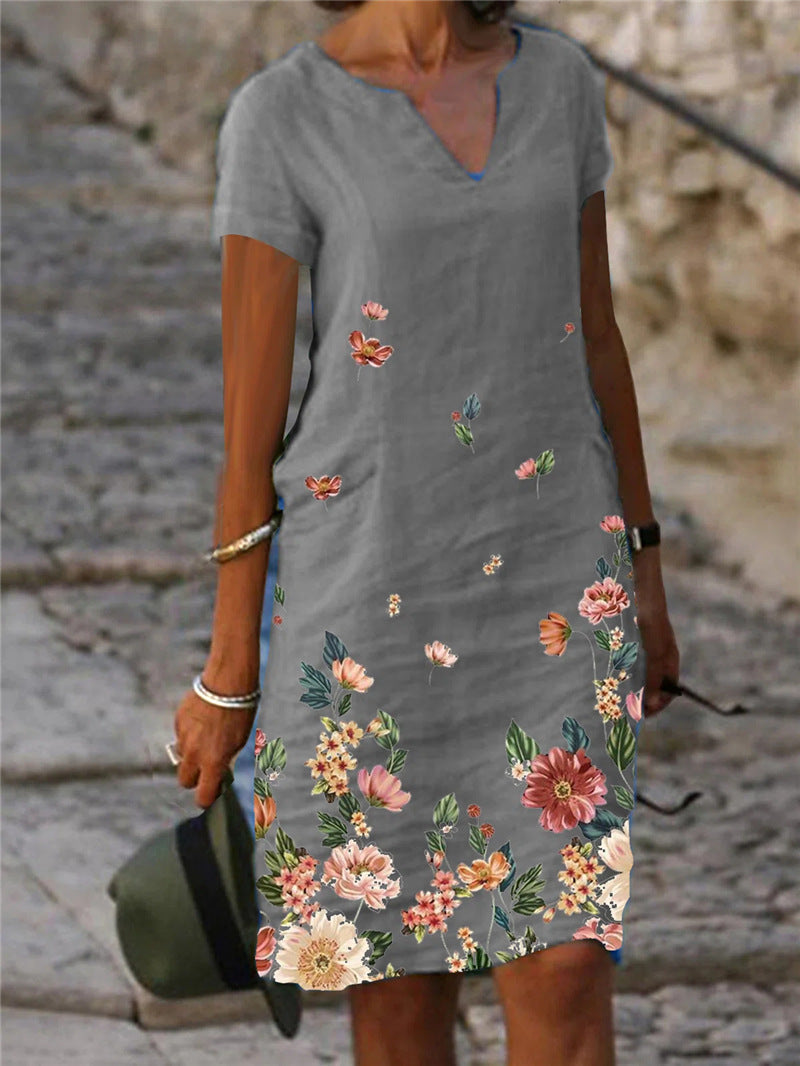 Women's Floral Print V-Neck A-Line Midi Dress – Short-Sleeve Casual Summer Dress