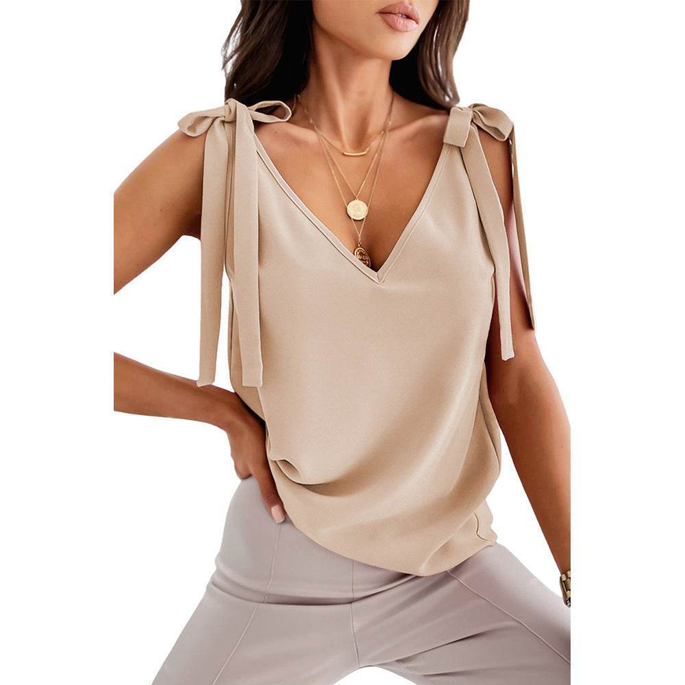 Bowknot Tie Up V-neck top Women Summer Sleeveless Blouse Tops