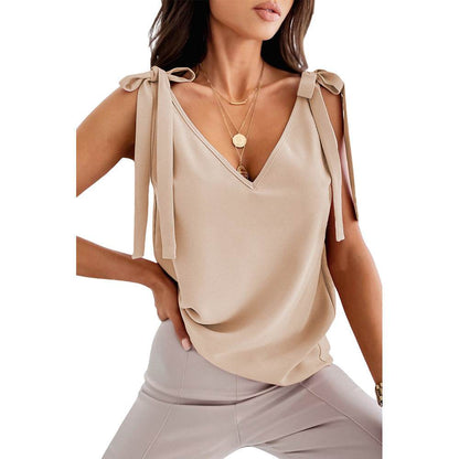 Bowknot Tie Up V-neck top Women Summer Sleeveless Blouse Tops