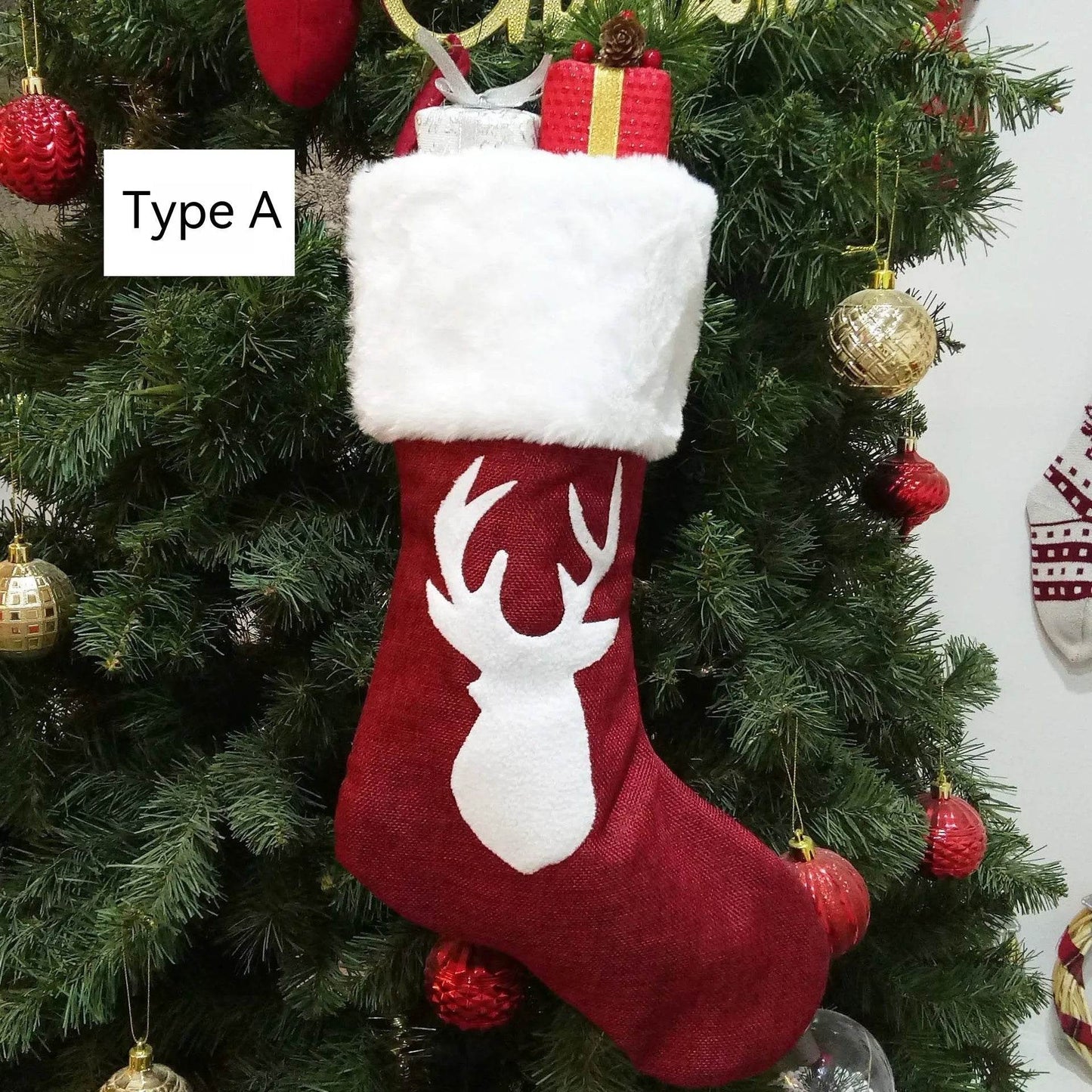 Christmas Stockings Gift Bag Red Hemp Elk Embroidery Christmas Stockings Gift Pendant