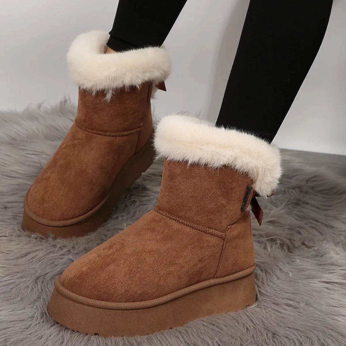 Nouvelles bottes de neige à nœud papillon Hiver Plus velours chaud Bottines à semelle épaisse pour femmes Chaussures en coton simples pour le quotidien