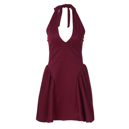 Elegant Ladies Deep V-neck flared Halter Neck Mini dress for Party Club Date